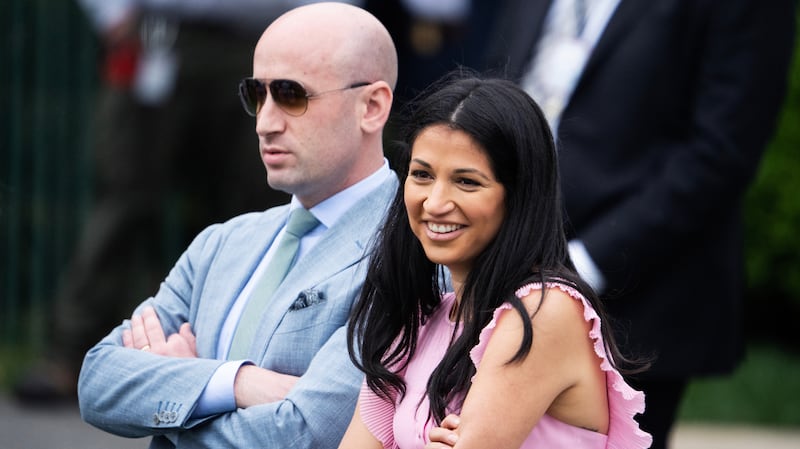 Stephen Miller and Katie Miller at the White House on Monday, April 21, 2025.