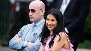 Stephen Miller and Katie Miller at the White House on Monday, April 21, 2025.