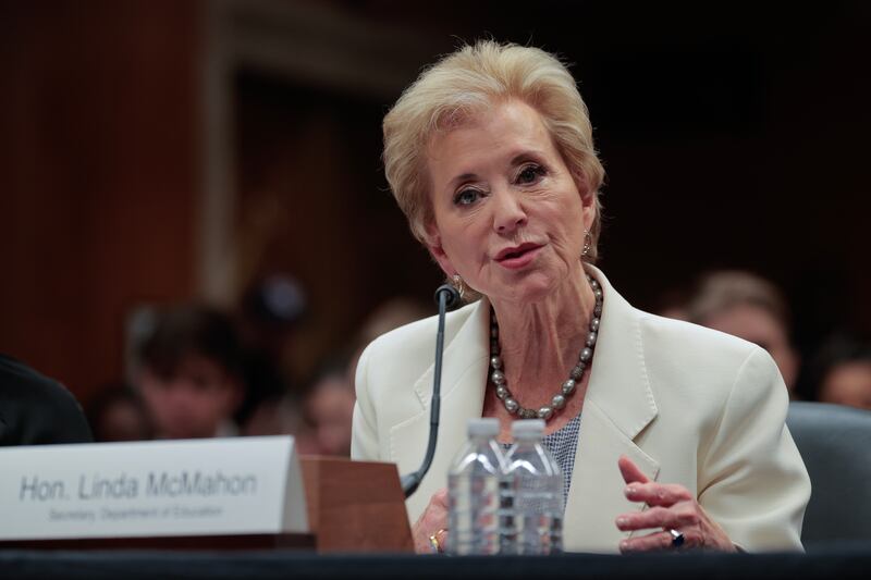 WASHINGTON, DC - JUNE 03: Education Secretary Linda McMahon testifies before the Senate Appropriations Committee's Labor, Health and Human Services, and Education Subcommittee about the proposed 15-percent cut to the Education Department's budget in the Dirksen Senate Office Building on Capitol Hill on June 03, 2025 in Washington, DC. President Donald Trump tasked McMahon with shutting down the Education Department, however, its FY2026 budget maintains spending levels for Title I and special education while slashing funding for Pell Grants and other programs for low-income students. (Photo by Chip Somodevilla/Getty Images)