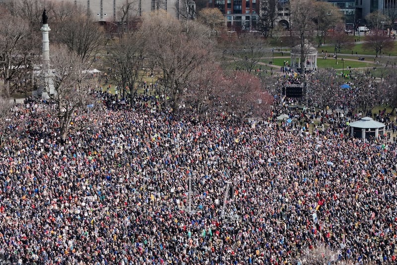 More than 150,000 protestors gathered in Boston Common on Saturday, March 28, 2026.