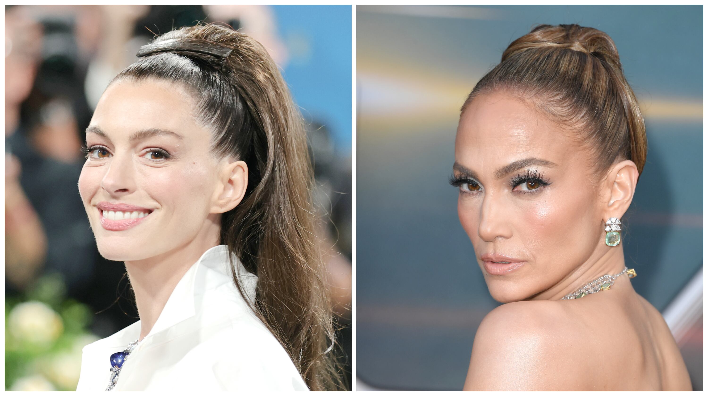 Anne Hathaway and Jennifer Lopez, each wearing variations of the 'bleph bun' look.