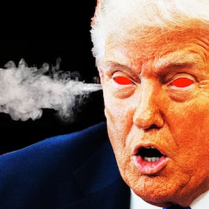 Donald Trump yelling with red eyes and steam coming out of his ears