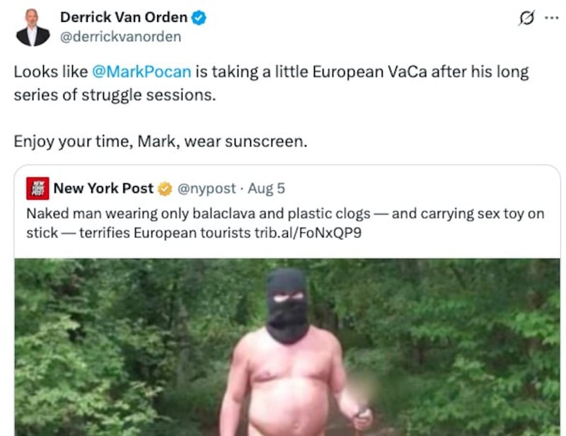 Screengrab of Derrick Van Orden's post sharing a New York Post article with half a naked man on it.