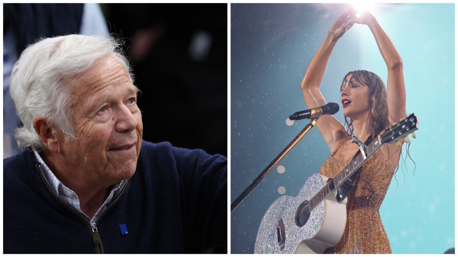 A diptych of Robert Kraft and Taylor Swift.