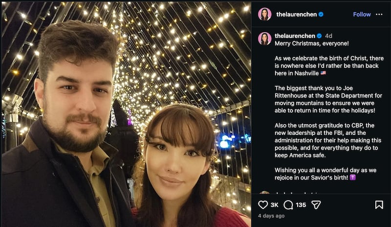 Lauren Chen posted this selfie with her husband, thanking Joe Rittenhouse for helping her get her U.S. work visa back.