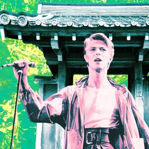 A photo illustration of David Bowie and the Kokedera Kyoto garden.