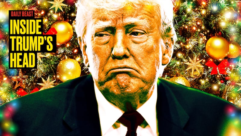 A photo illustration of a sad Donald Trump and Christmas tree background for the Inside Trump's Head podcast.