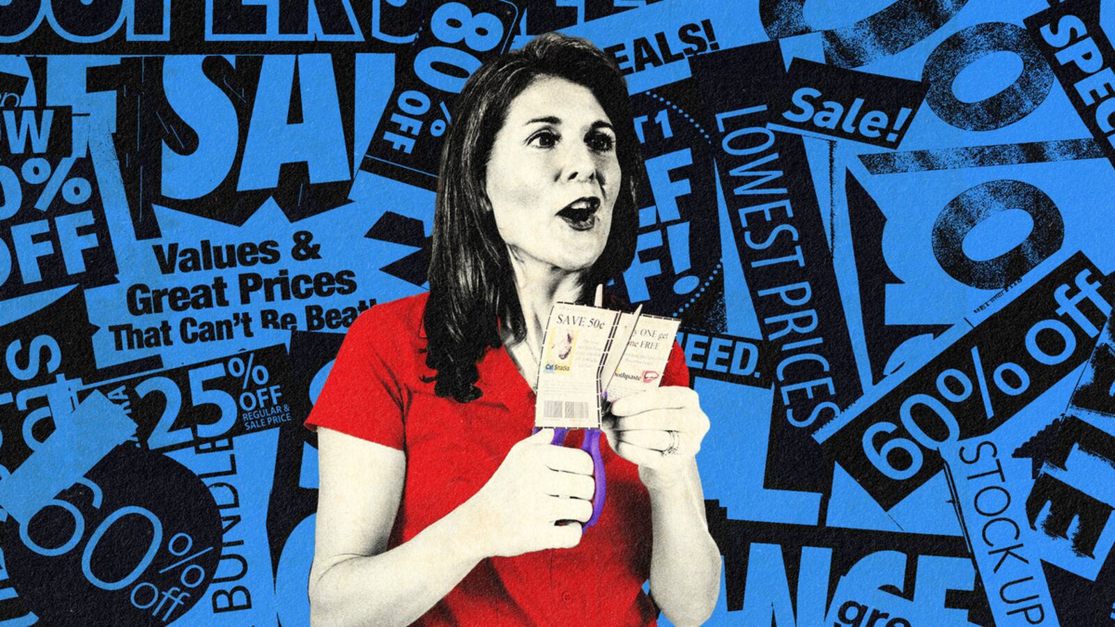 A photo illustration of Nikki Haley cutting a coupon.