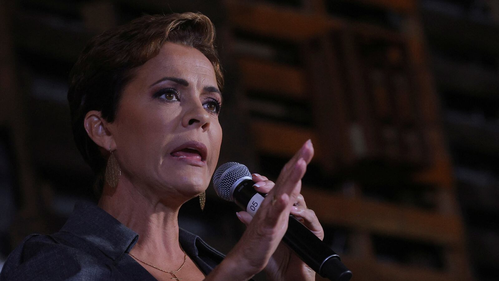 Republican candidate for Arizona Governor Kari Lake speaks during a campaign stop on the Arizona First GOTV Bus Tour in Queen Creek, Arizona