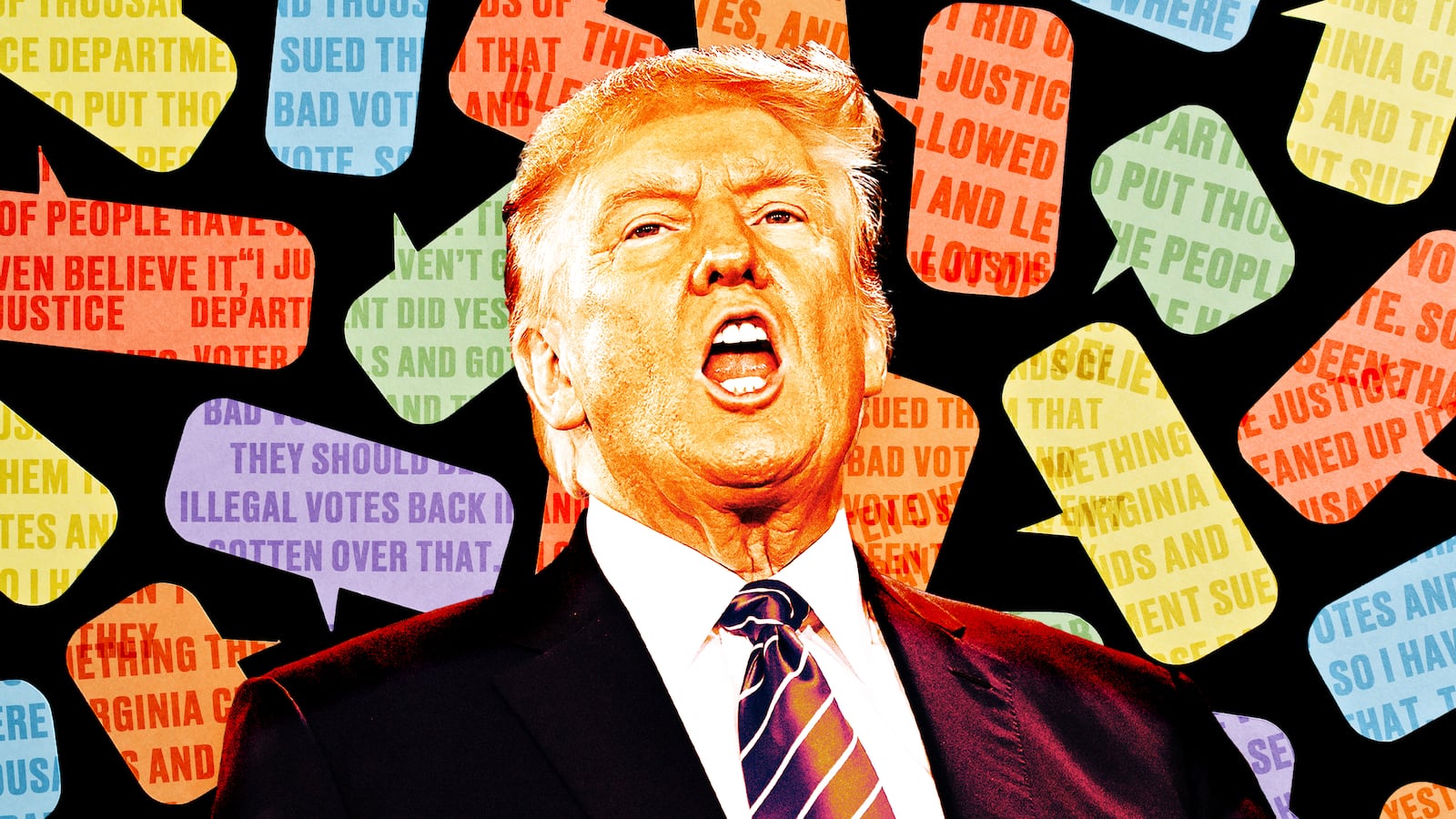 A photo illustration of Donald Trump and speech bubbles.