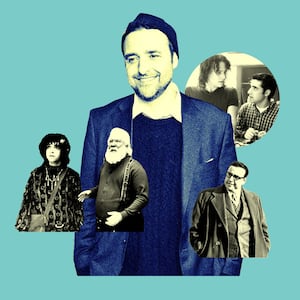 A photo illustration of David Krumholtz surrounded by images from his films including The Santa Clause, 10 Things I Hate About You, and Oppenheimer