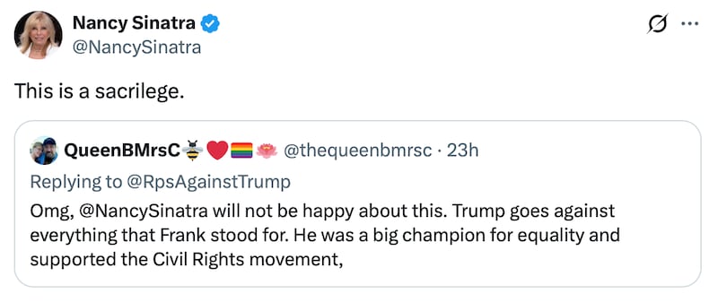 Nancy Sinatra calls out Donald Trump using her father Frank's song My Way.