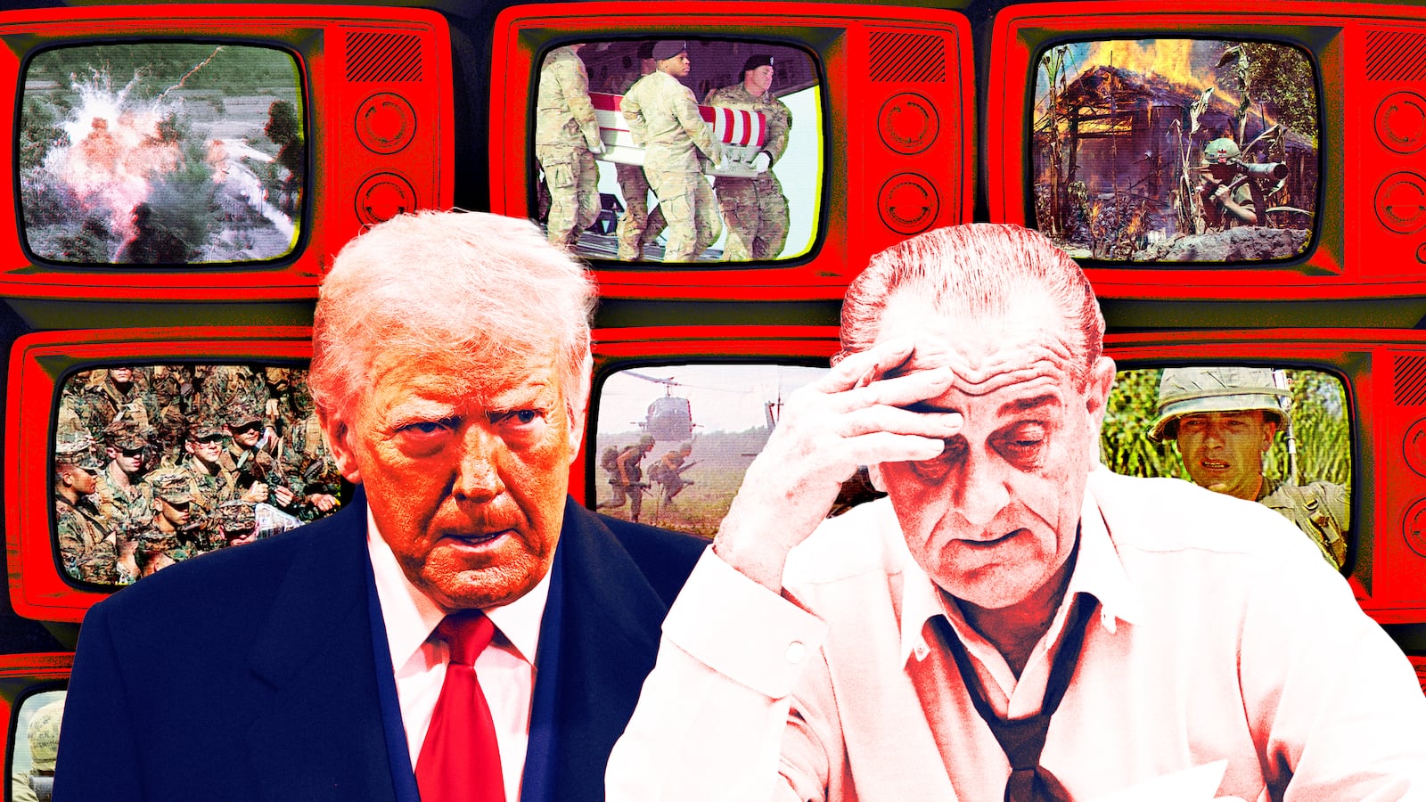 A photo illustration of Trump and LBJ in front of television sets with Iran War and Vietnam War footage.