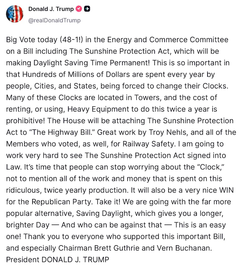 Donald Trump posts about Saving Daylight.