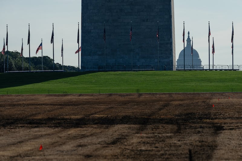 The U.S. Capitol is seen behind a mowed-over patch of grass where "8647" was etched into the National Mall, in Washington, D.C., U.S., September 8, 2026. REUTERS/Eric Lee