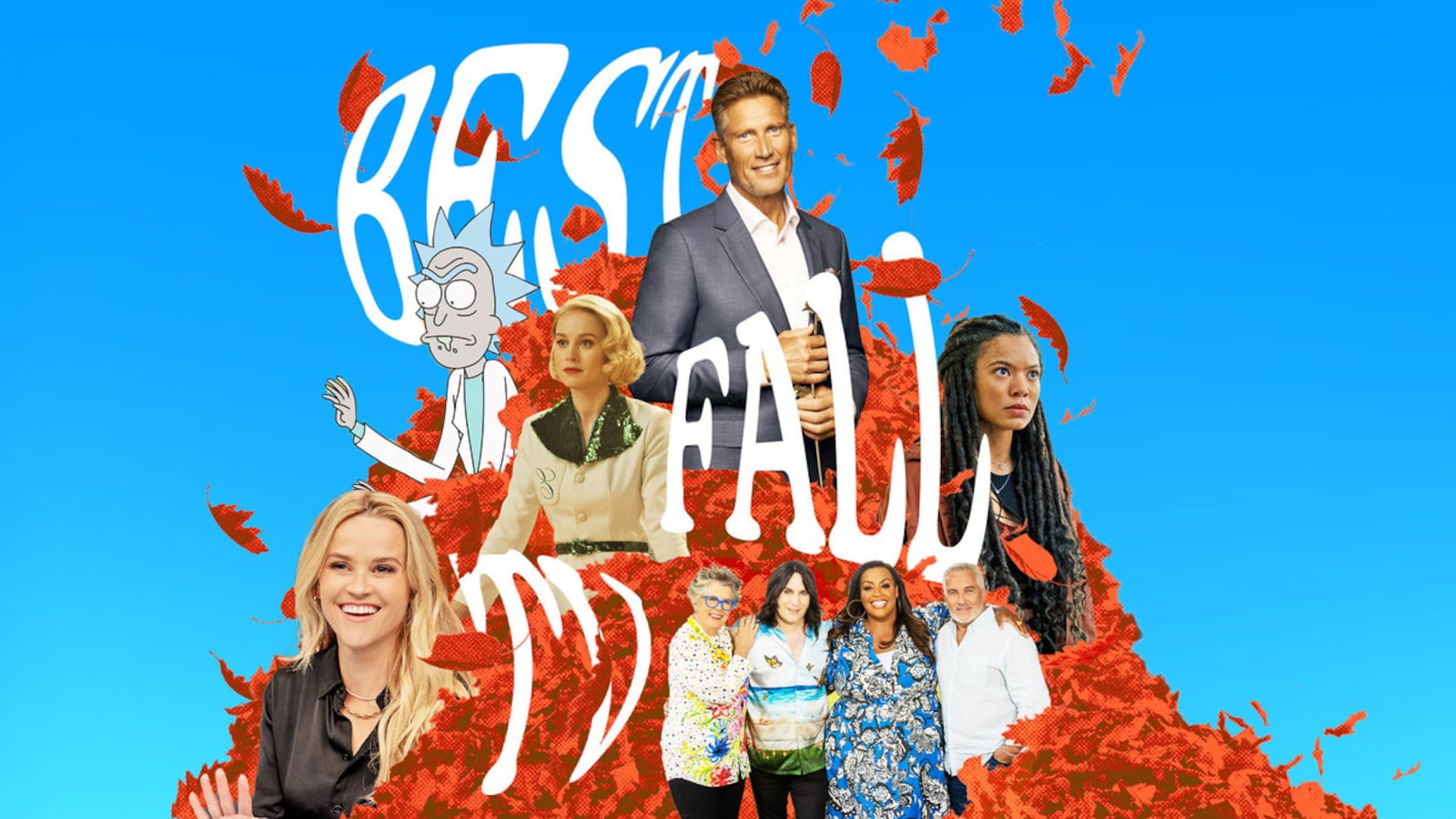 Photo illustration of Reese Witherspoon, The Golden Bachelor, Rick and Morty, Gen V, and the Great British Baking Show.