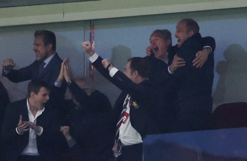 Soccer Football - UEFA Europa League - Semi Final - Second Leg - Aston Villa v Nottingham Forest - Villa Park, Birmingham, Britain - May 7, 2026 Britain's Prince William celebrates their first goal, scored by Ollie Watkins REUTERS/David Klein