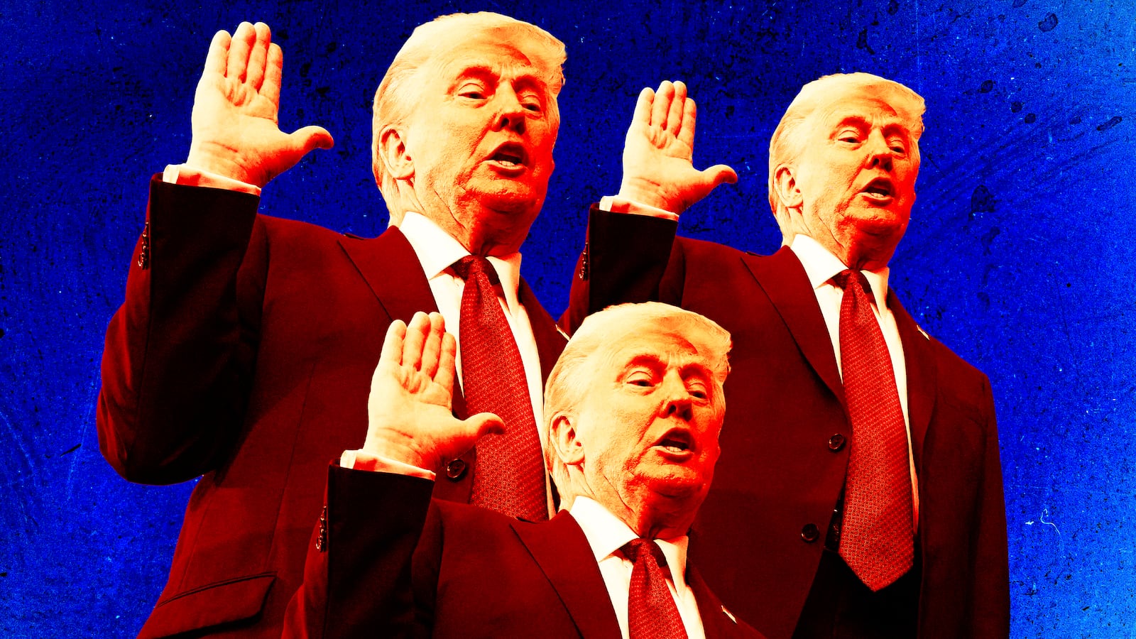 A photo illustration of three Donald Trumps during a swearing in ceremony.