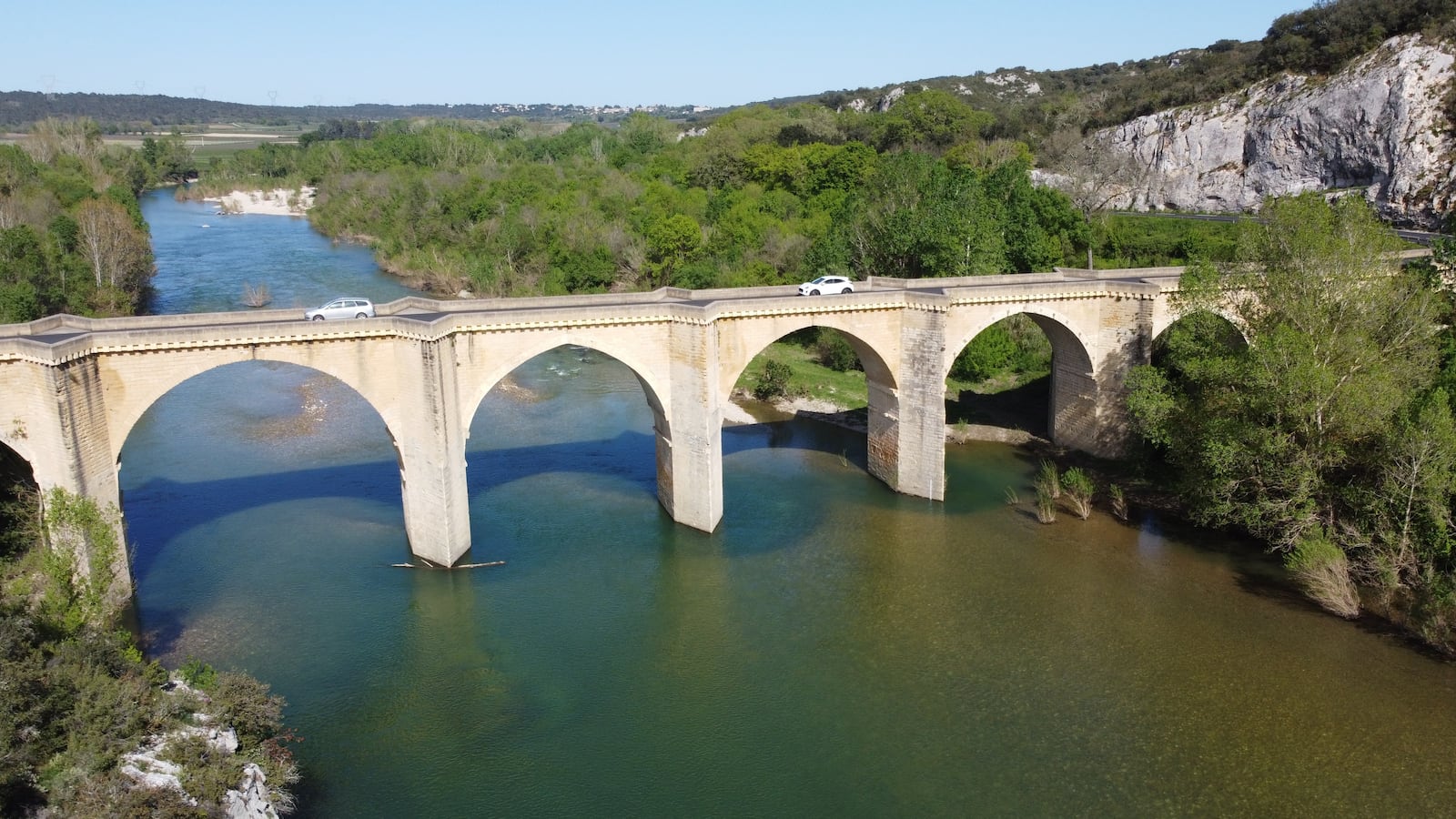SAINT ANASTASIE, FRANCE - APRIL 11: A view of the water level of the riverbed of the Saint-Nicolas Campagnac Bridge after the drought crisis ended with the beginning of the spring season in Saint-Anastasie, France on April 11, 2024. The Gardon River in Saint-Anastasie, located in the south of France, regained water with the arrival of spring after the drought experienced during the summer months.
