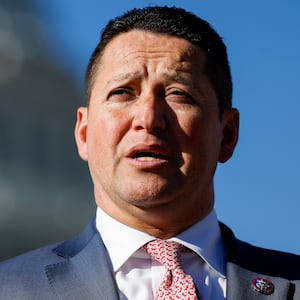 U.S. Rep. Tony Gonzales (R-TX) speaks alongside U.S. Rep. Marjorie Taylor Greene (R-GA) at a news conference on border security outside of the U.S. Capitol Building on November 14, 2023 in Washington, DC.