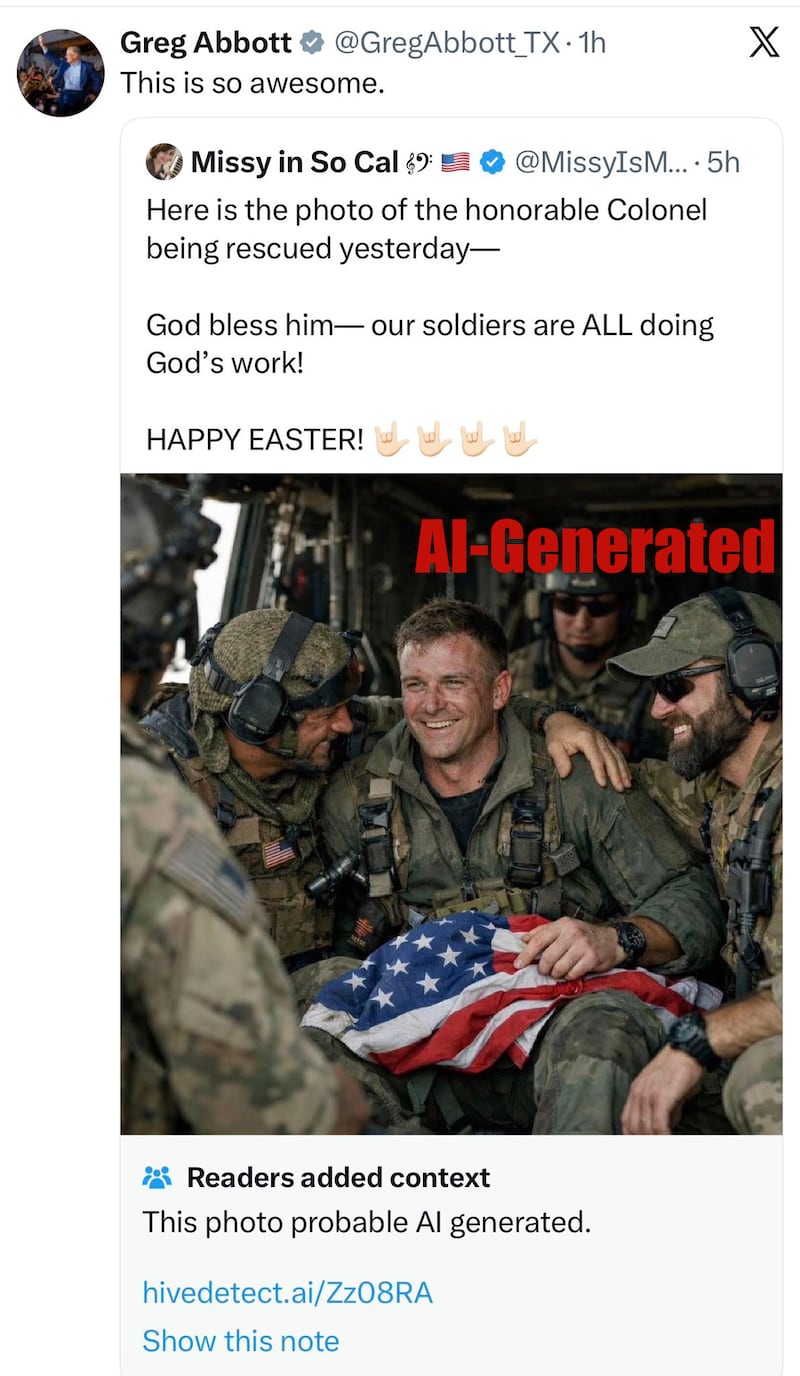 Screenshot of Greg Abbott’s post sharing an AI-generated image of a rescued pilot.