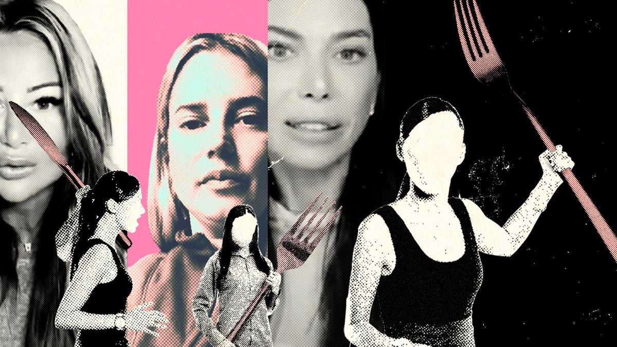 A photo illustration of Emily Geillis, Tanya Zuckerbrot and Ingrid De La Mare-Kenny surrounded by faceless women wielding giants forks and knives