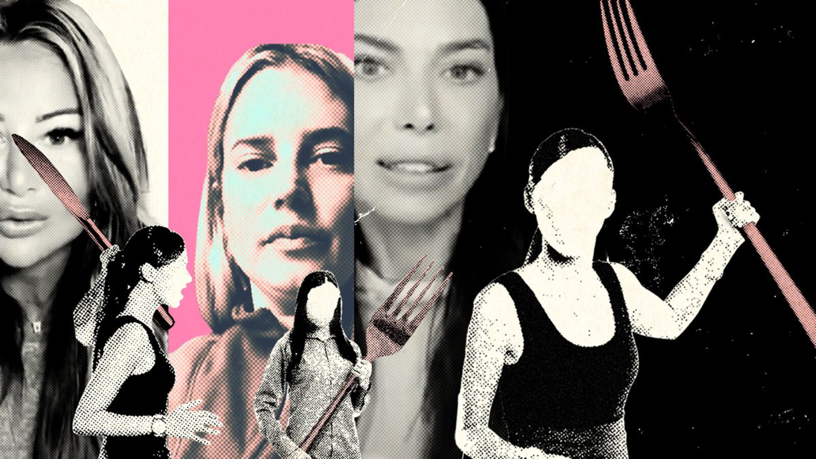 A photo illustration of Emily Geillis, Tanya Zuckerbrot and Ingrid De La Mare-Kenny surrounded by faceless women wielding giants forks and knives