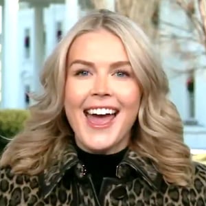 Karoline Leavitt smiles as she tells a barefaced fib about Trump making up the slogan "drill, baby, drill," on Fox News.