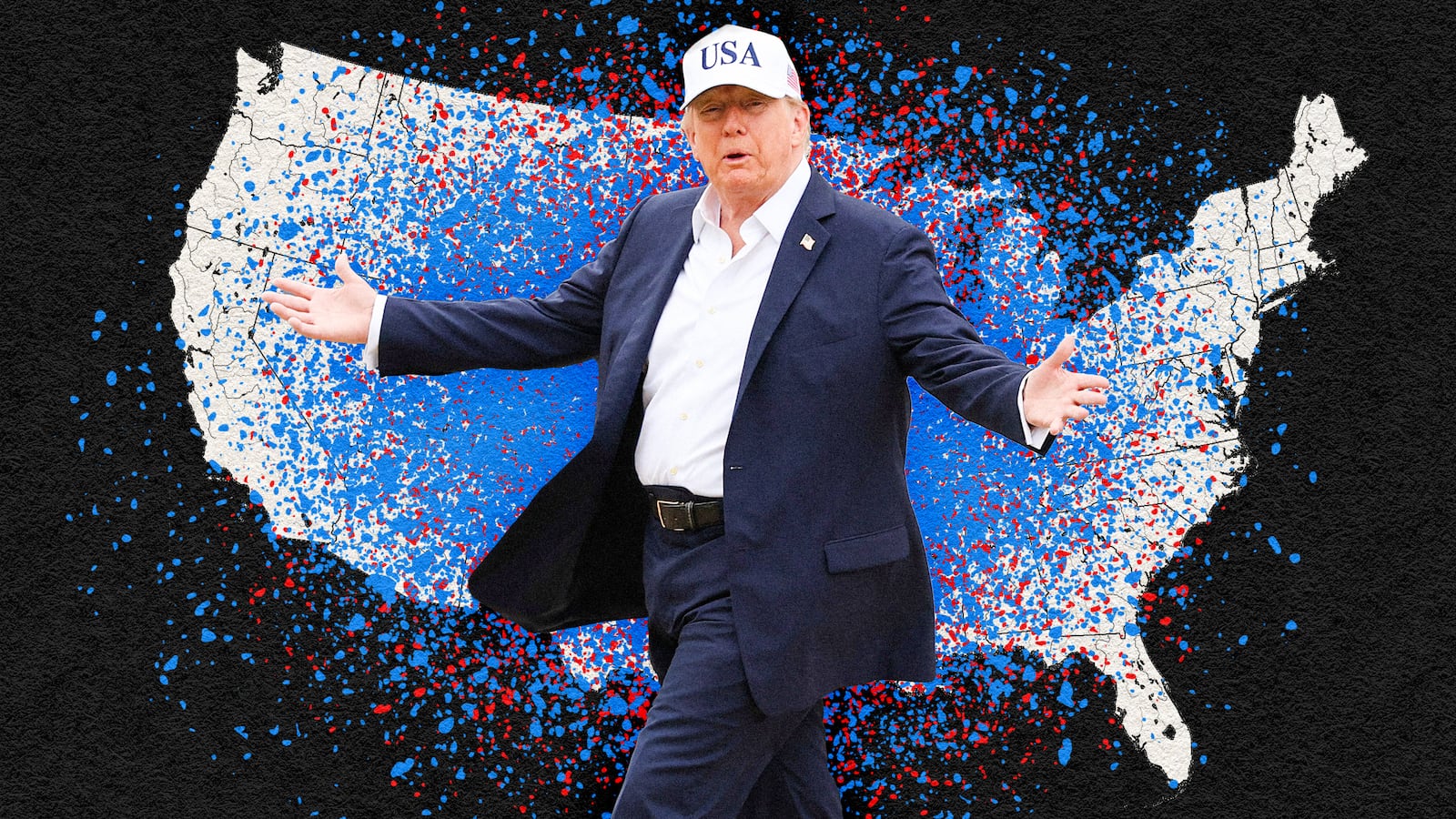A photo illustration of Donald Trump and blue wave in the Heartland.