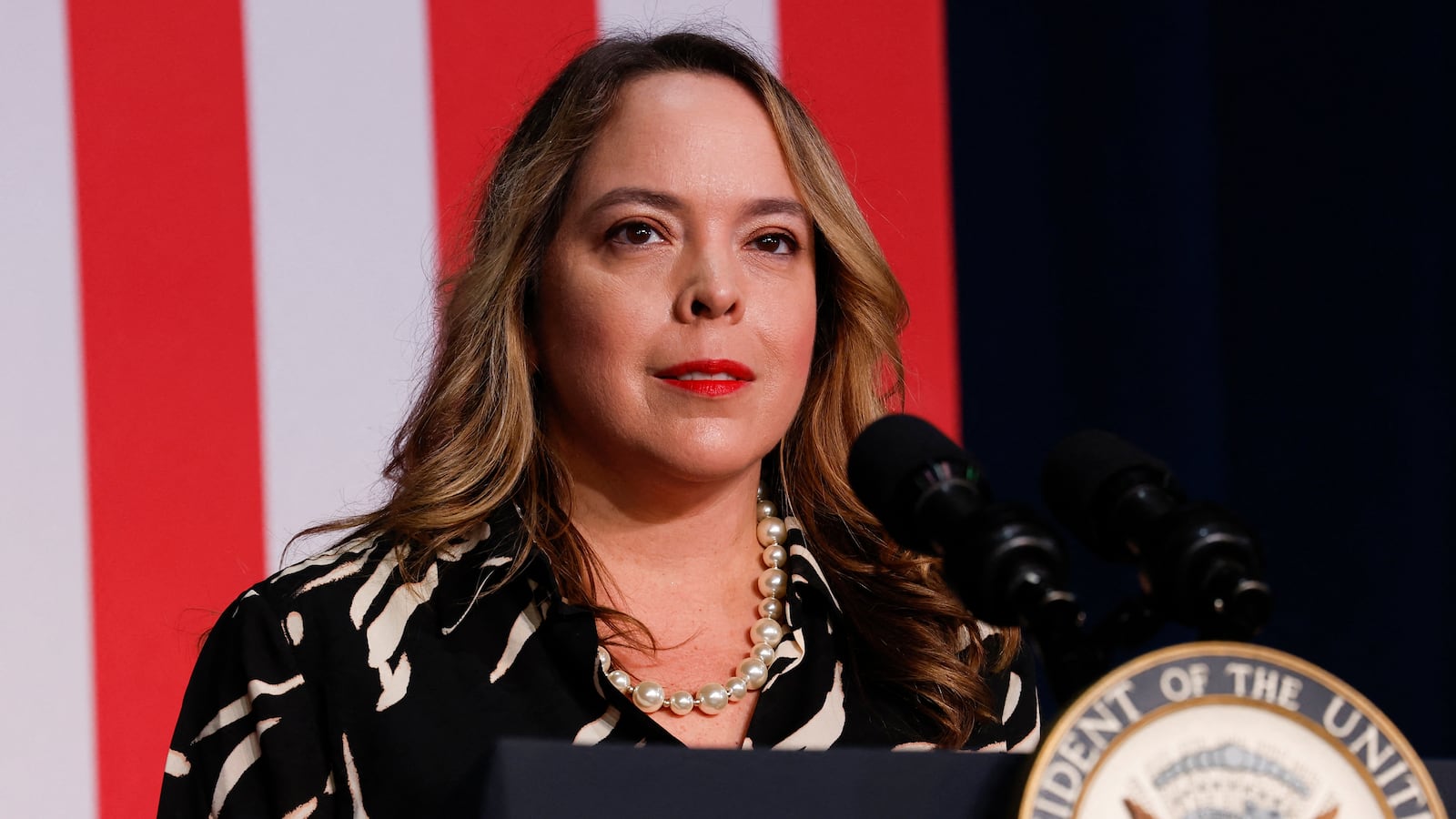 Former Republican and Trump national security official Olivia Troye, pictured campaigning with Vice President Kamala Harris in 2024, launched a campaign for Congress on Tuesday as a Democrat.