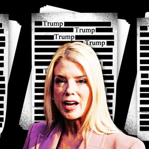 A photo illustration of AG Pam Bondi and stacks of censored papers with Donald Trump's name on them.
