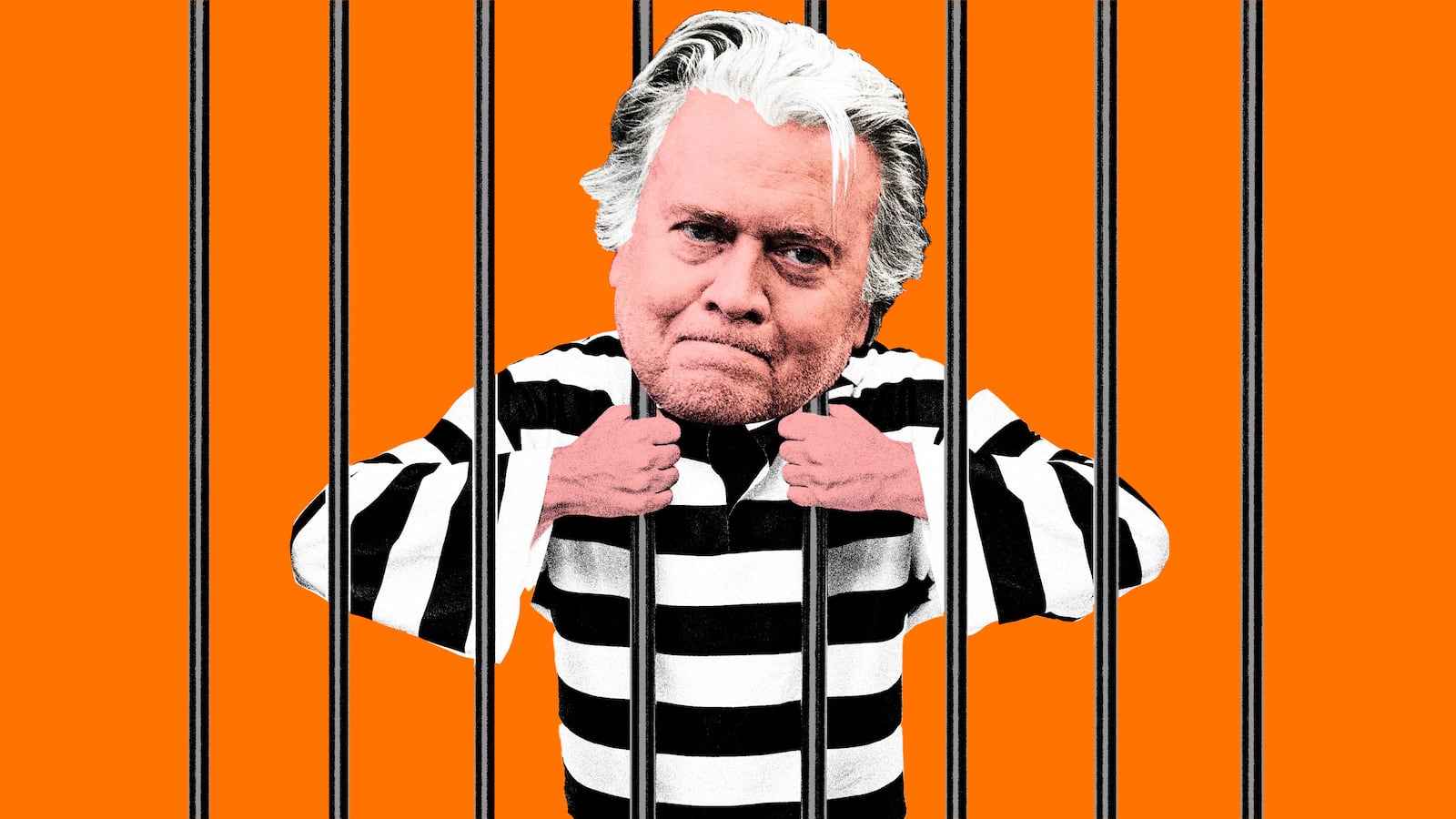 Photo illustration of Steve Bannon behind bars in a striped prison outfit