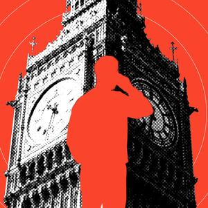 A photo illustration of a person’s silhouette in front of a black-and-white image of Big Ben, against a red backdrop.