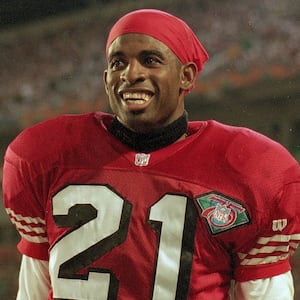 UNITED STATES - JANUARY 29:  Football: Super Bowl XXIX, Closeup of San Francisco 49ers Deion Sanders (21) on field before game vs San Diego Chargers, Miami, FL 1/29/1995  (Photo by John Biever/Sports Illustrated via Getty Images)  (SetNumber: X47740 TK2 R11 F26)