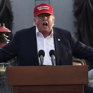 TOPSHOT - Republican presidential candidate Donald Trump gives a national security speech aboard the World War II Battleship USS Iowa, September 15, 2015, in San Pedro, California. AFP PHOTO /ROBYN BECK (Photo by Robyn BECK / AFP) (Photo by ROBYN BECK/AFP via Getty Images)