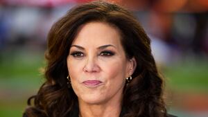 Feb 13, 2022; Inglewood, CA, USA; NBC Sports sideline reporter Michele Tafoya during the Cincinnati Bengals game against the Los Angeles Rams in Super Bowl LVI at SoFi Stadium. Mandatory Credit: Mark J. Rebilas-USA TODAY Sports