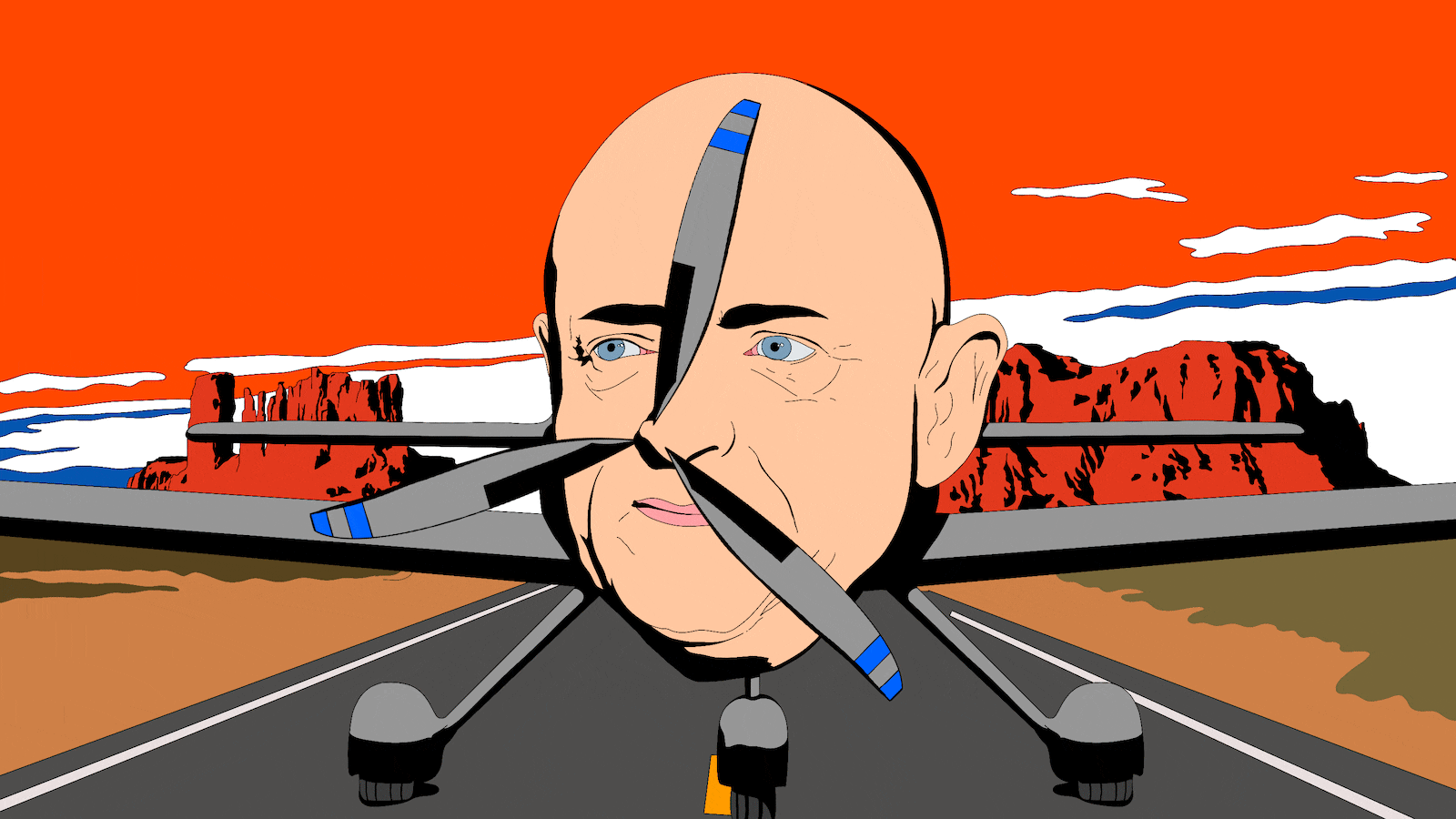 Illustrated Gif of a plane, with a nose resembling Mark Kelly's face.