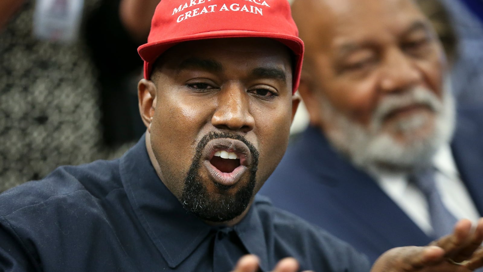 Rapper Kanye West speaks during a meeting with U.S. President Donald Trump