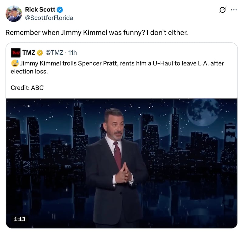 Rick Scott X post about Kimmel