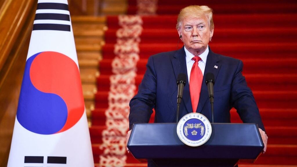 Then-President Donald Trump attends a 2019 press conference in South Korea.