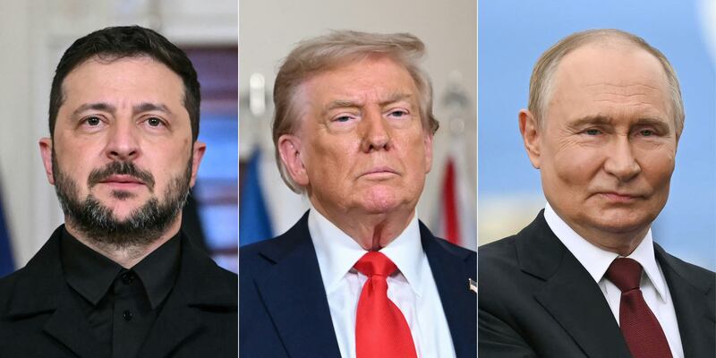 Split pic of President Donald Trump, Ukrainian President Volodymyr Zelensky and Russian President Vladimir Putin