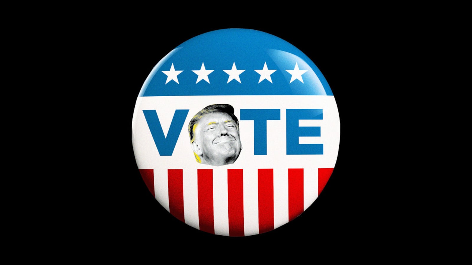 An illustration including former U.S. President Donald Trump and a Voter pin