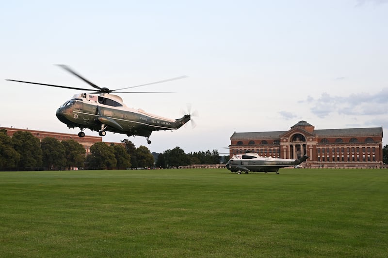 Marine One lands at Fort McNair in Washington, DC, on July 16, 2023.