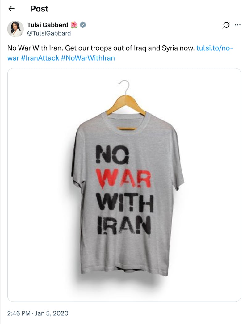 It is no secret that Tulsi Gabbard is an anti-war politician. She even sold these shirts in 2020, before she converted to the MAGA movement.