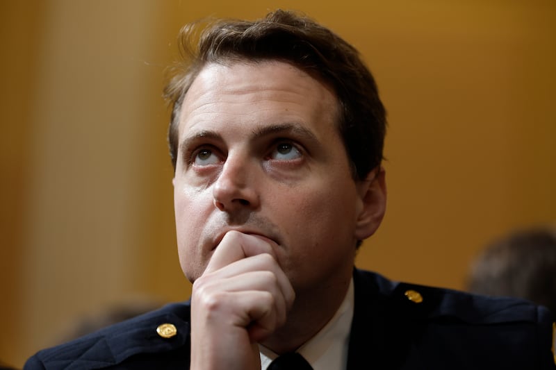 Metropolitan Police Officer Daniel Hodges attends a prime-time hearing of the House Select Committee to Investigate the January 6th Attack on the U.S. Capitol in the Cannon House Office Building on July 21, 2022 in Washington, DC. The bipartisan committee, which has been gathering evidence on the January 6 attack at the U.S. Capitol, is presenting its findings in a series of televised hearings. On January 6, 2021, supporters of former President Donald Trump attacked the U.S. Capitol Building during an attempt to disrupt a congressional vote to confirm the electoral college win for President Joe Biden.