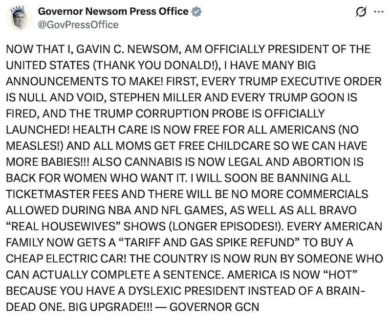 Gavin Newsom goes all-caps to mock Trump.