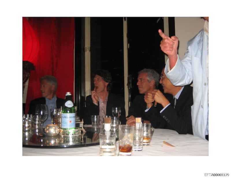 Bill Clinton, Mick Jagger and Jeffrey Epstein shown in an image from The Epstein Files released December 19, 2025