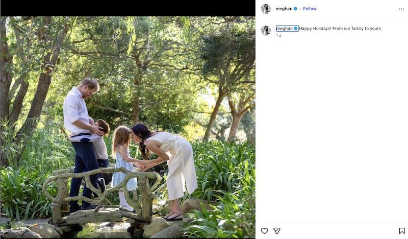 Meghan Markle, Prince Harry, and their children, Archie and Lilibet, appear in a seasonal message on Meghan's Instagram account.