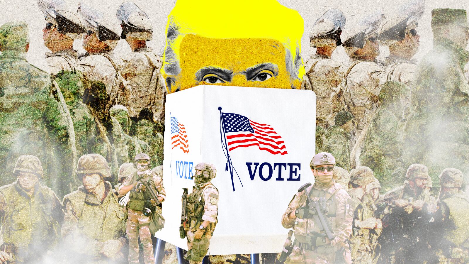 A photo illustration of President Donald Trump, an Election day booth, and military members.