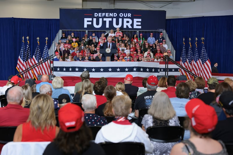Iowa Republican Congressional candidate Chris McGowan addresses the audience before US Vice President JD Vance arrives during a Republican National Committee’s Midterm Rally at the Mid-America Center, in Council Bluffs, Iowa, US, September 18, 2026.